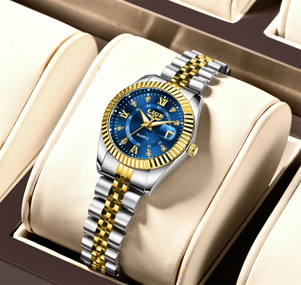 Damen-Edelstahl-Zweifarb-Datumsanzeige-Uhr Elegant Quarz