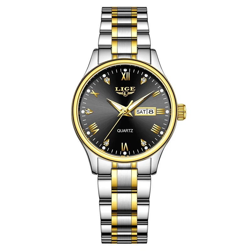 Montre à quartz pour femme en acier inoxydable noir avec cadran orné de diamants