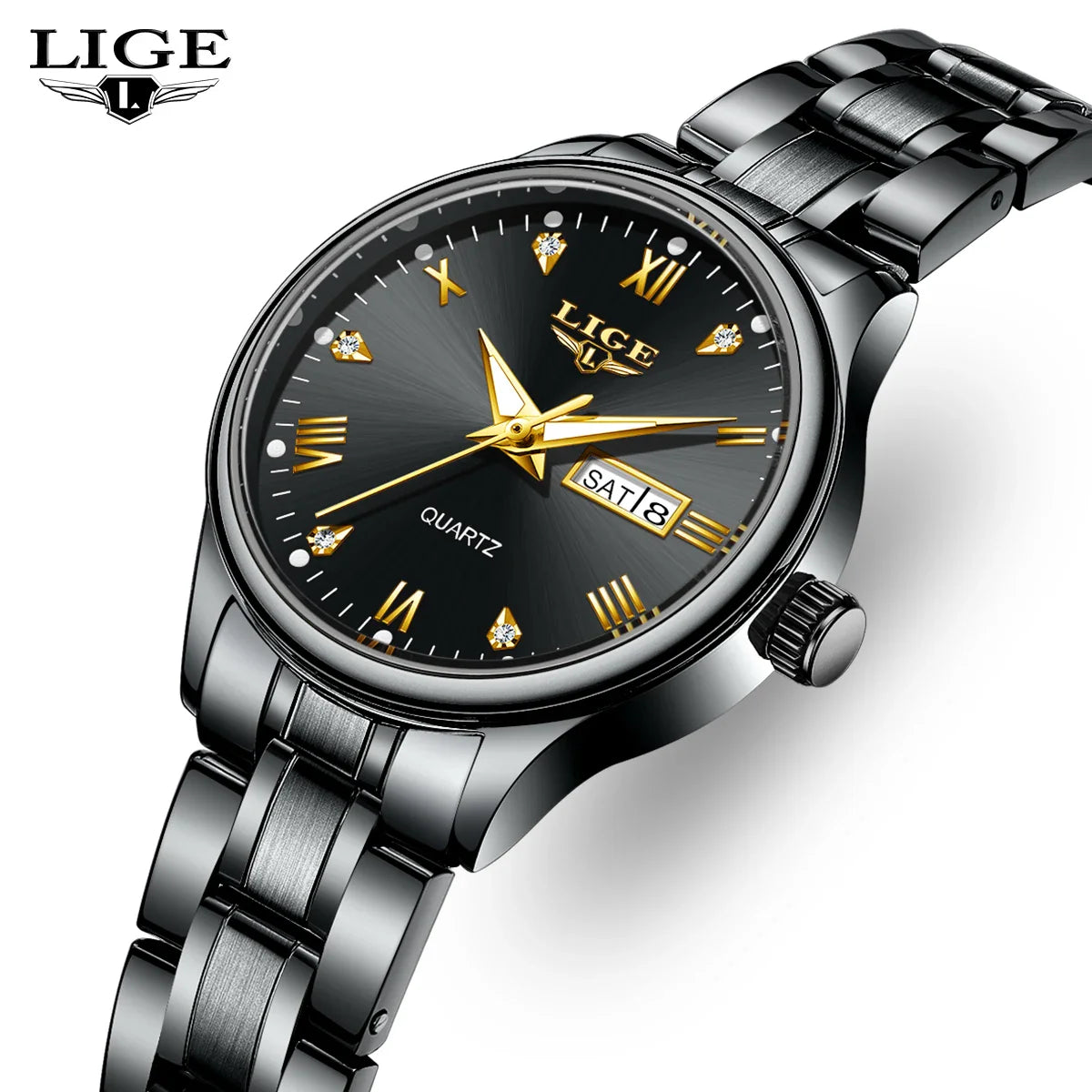 Montre à quartz pour femme en acier inoxydable noir avec cadran orné de diamants