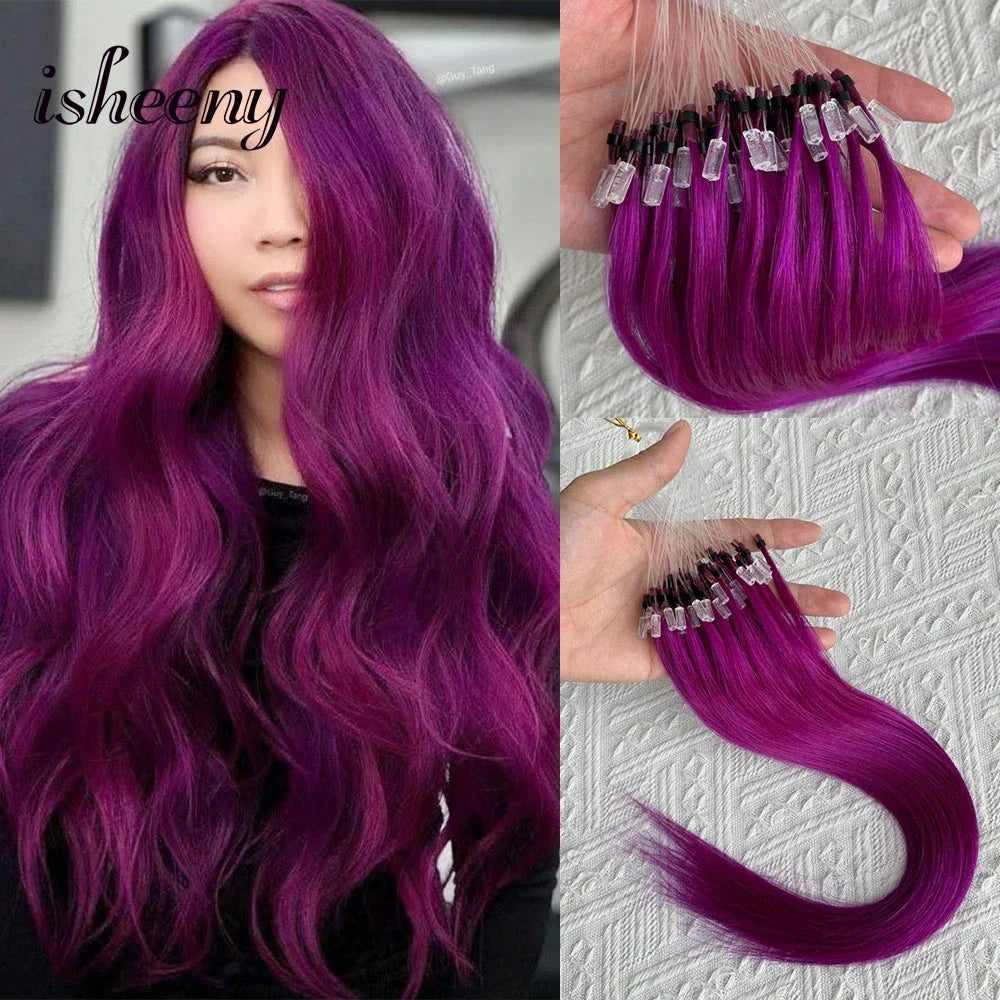 Micro Loop Ring Link Hair 100% Human Hair Extensions Real Remy Fancy Color 12-20 inches Striaght Purple Hair Extensions isheeny
