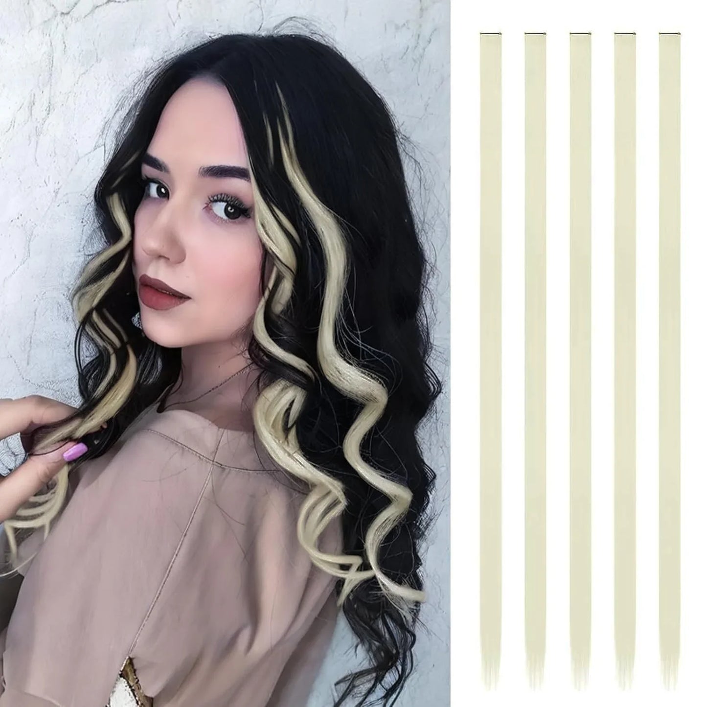 Synthetic 5PCS Colorful Hair Extensions Party Highlights Colorful Clip in Hair Extensions Straight Hairpieces for Women Girls