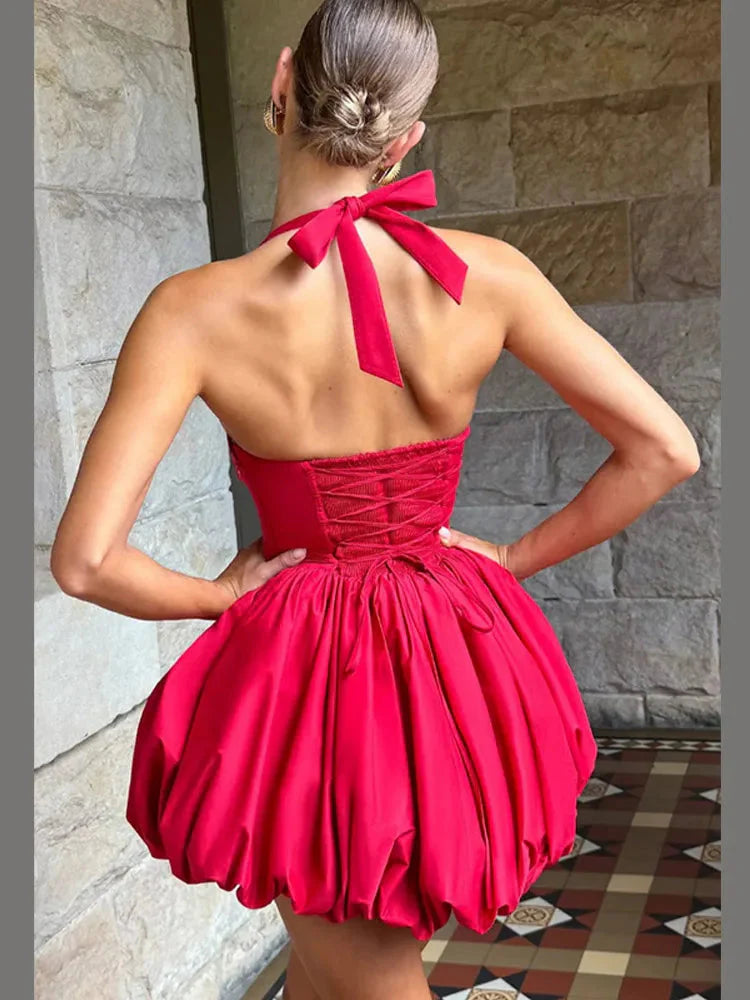 Women’s Pink Corset Puffball-Hem Mini Dress