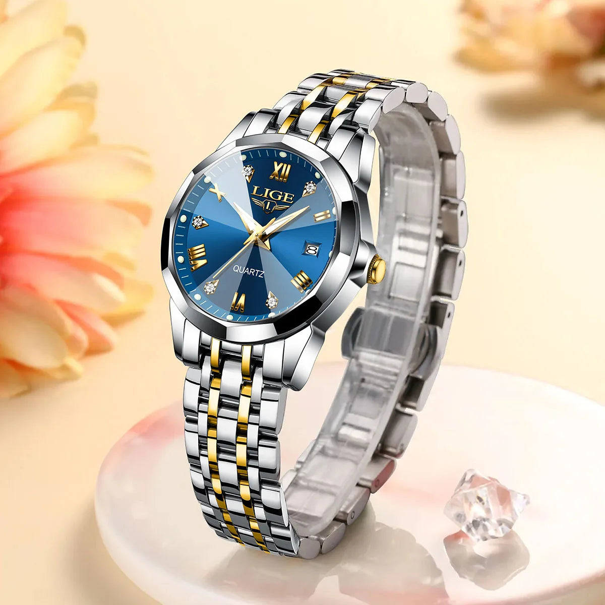 Damenarmbanduhr aus Edelstahl, Bicolor, mit blauem Sunburst-Zifferblatt
