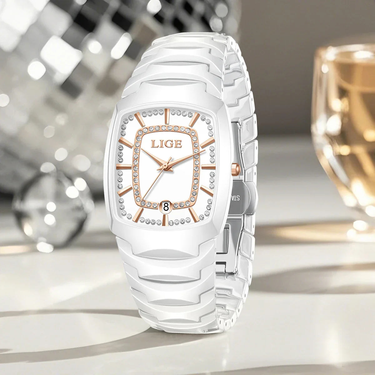 Montre-bracelet à quartz en céramique blanche et cristal pour femme, idée cadeau