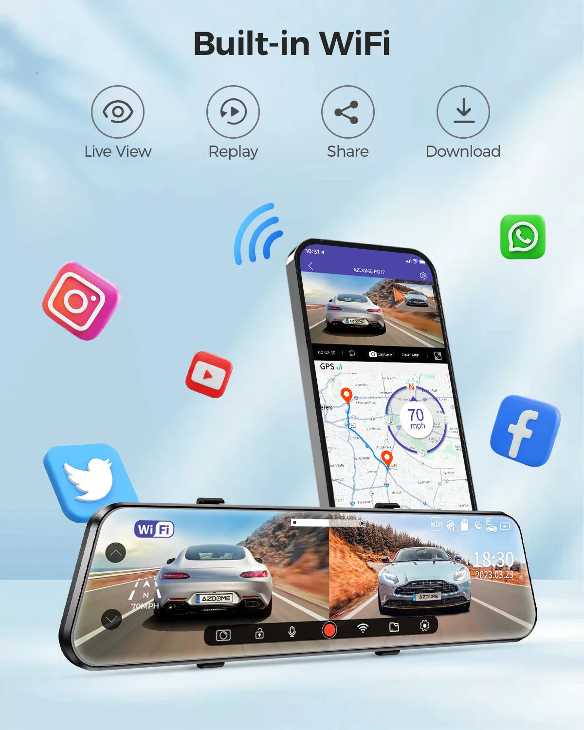AZDOME PG17 12" WiFi Mirror Dash Cam 4K Dual Camera