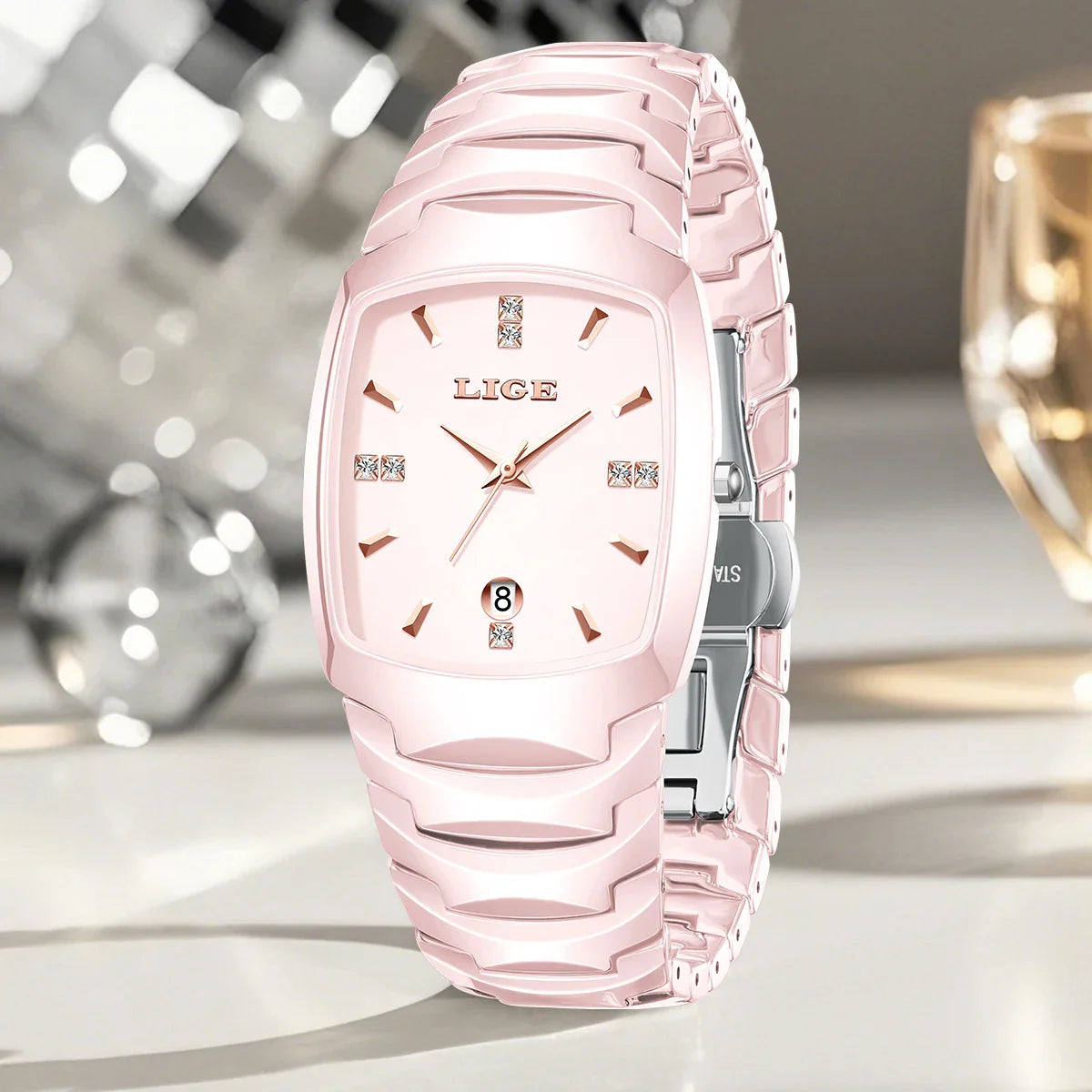 Montre fine lumineuse en acier inoxydable or rose pour femme avec date