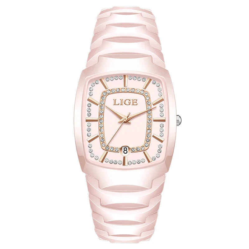 Montre-bracelet à quartz en céramique blanche et cristal pour femme, idée cadeau
