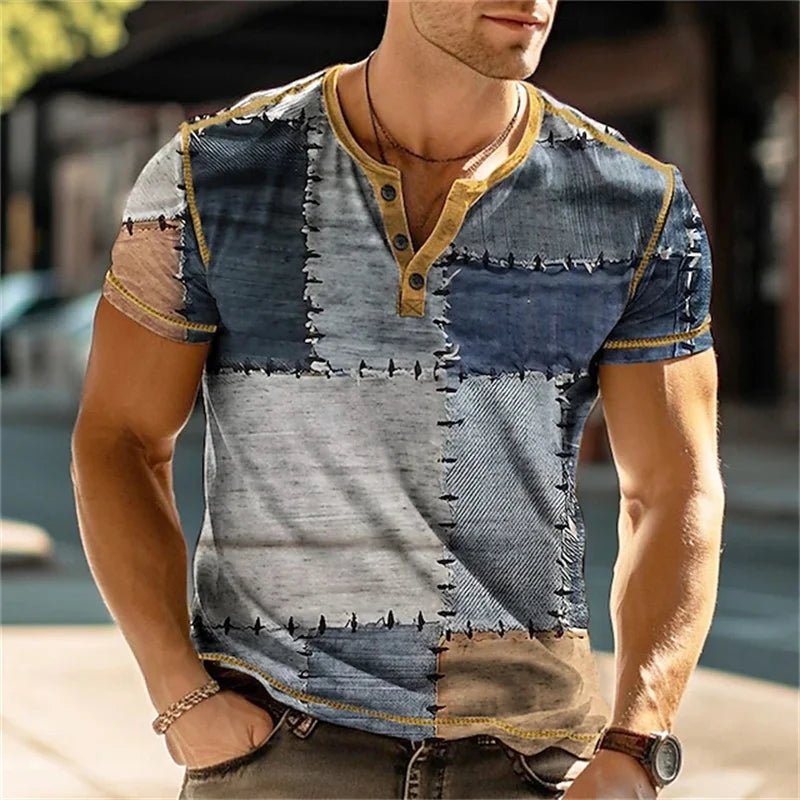 Summer 3D Printed T Shirt, Men’s Retro Patchwork, Cool Breathable, Short Sleeve, Trendy Casual, Oversized Top