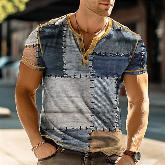 Summer 3D Printed T Shirt, Men’s Retro Patchwork, Cool Breathable, Short Sleeve, Trendy Casual, Oversized Top