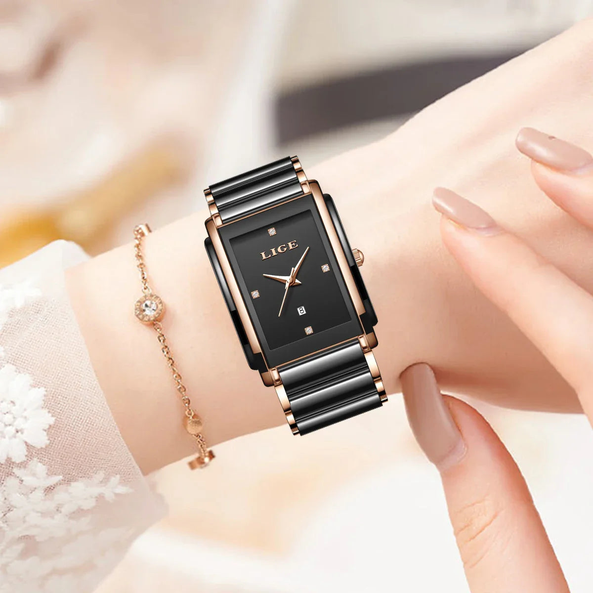Damen Keramik-Uhr mit quadratischem Zifferblatt, roségoldfarben, Quarz
