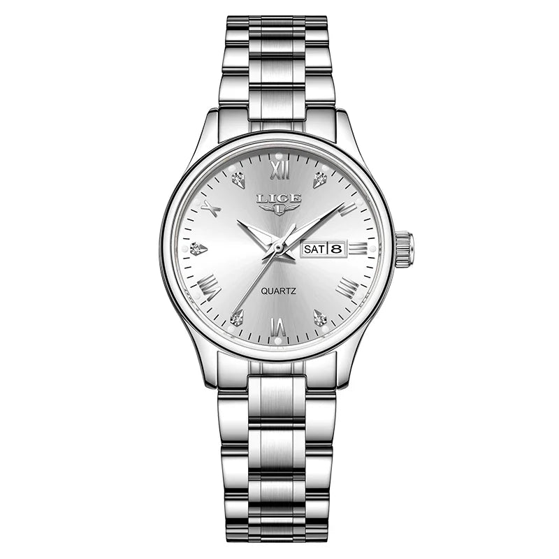 Montre à quartz pour femme en acier inoxydable noir avec cadran orné de diamants