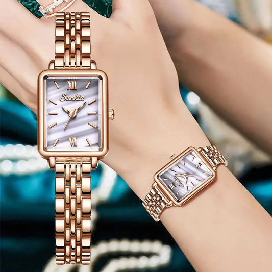 Montre rectangulaire pour femme en acier inoxydable, or rose
