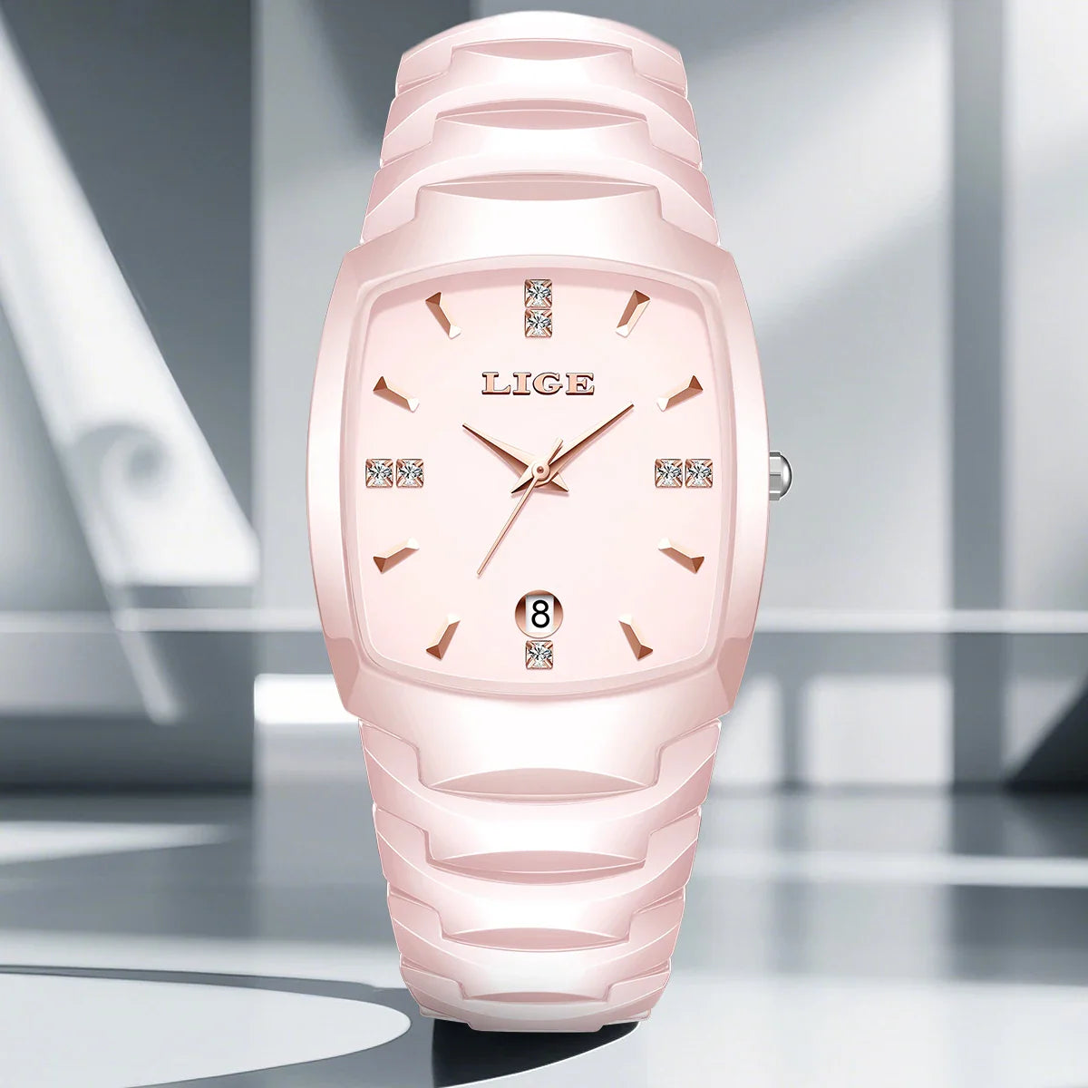 Montre fine lumineuse en acier inoxydable or rose pour femme avec date