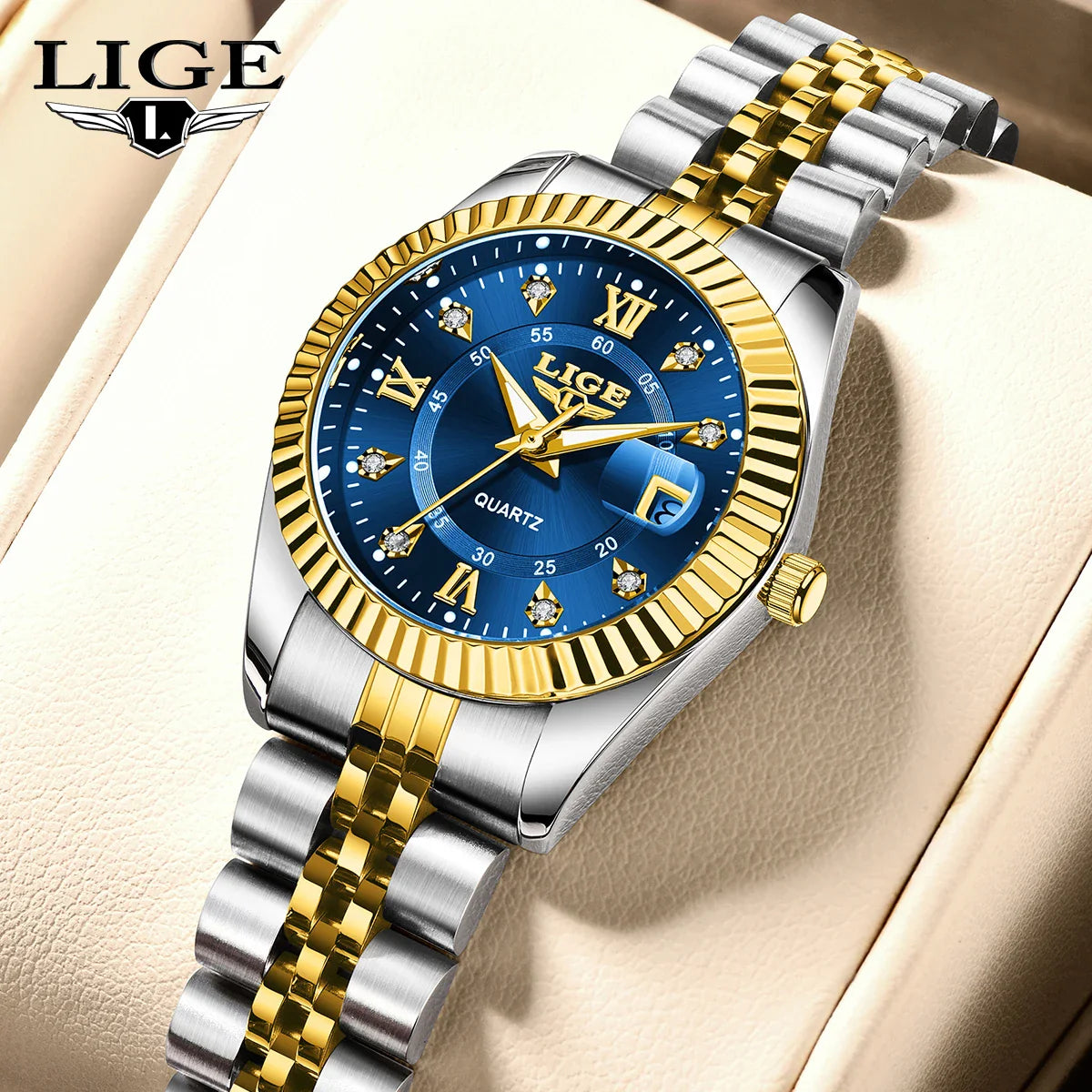 Damen-Edelstahl-Zweifarb-Datumsanzeige-Uhr Elegant Quarz