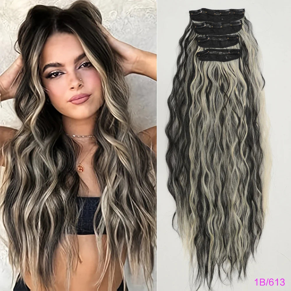 Voluminous Brown-Blonde Clip-In Extensions: 60.96 cm Wavy & Curly Synthetic Hair Set