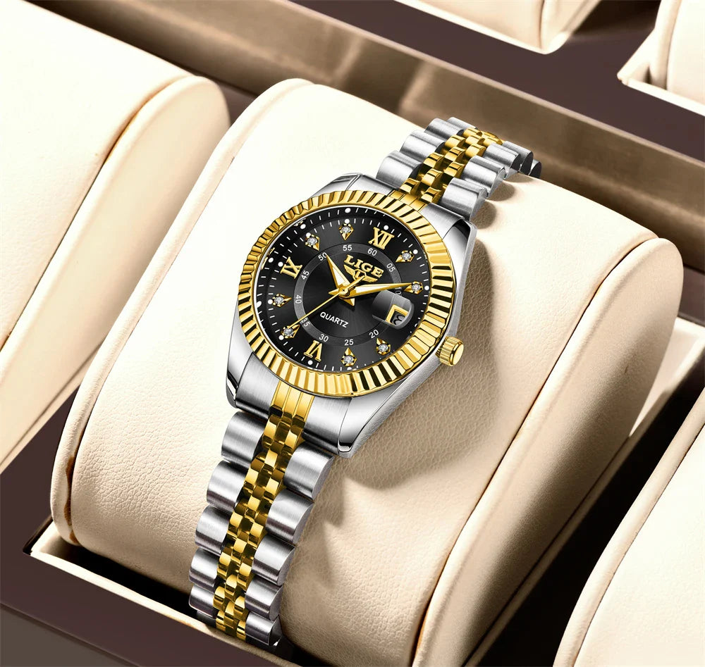 Damen-Edelstahl-Zweifarb-Datumsanzeige-Uhr Elegant Quarz