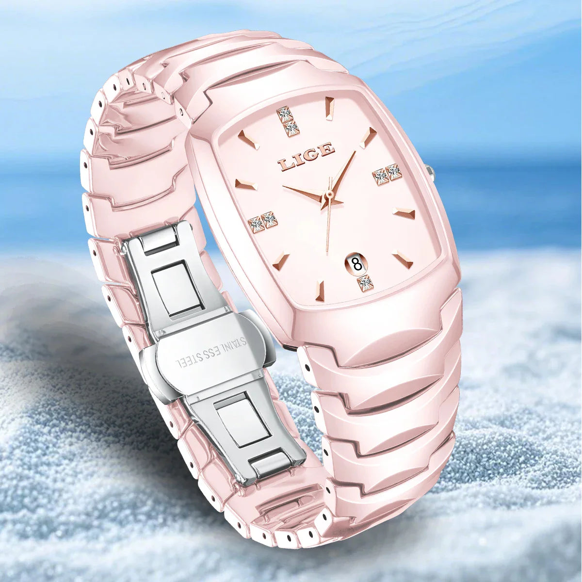 Montre fine lumineuse en acier inoxydable or rose pour femme avec date
