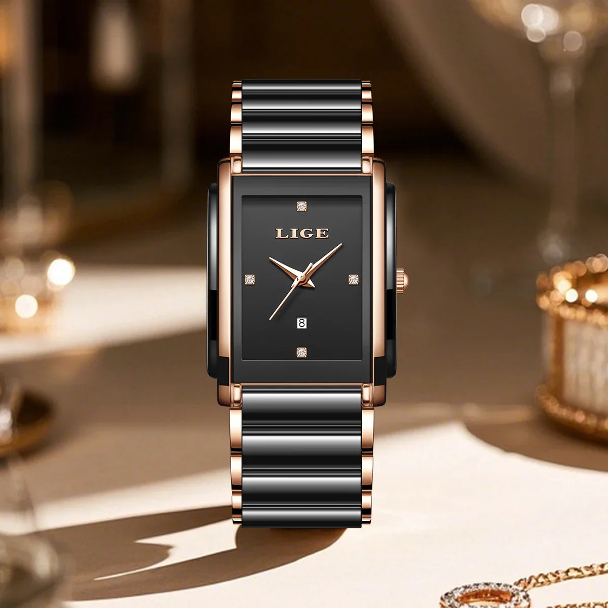 Damen Keramik-Uhr mit quadratischem Zifferblatt, roségoldfarben, Quarz