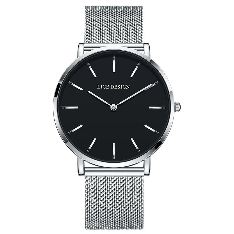 Women's Pink Dial Mesh Band Slim Stainless Steel Watch