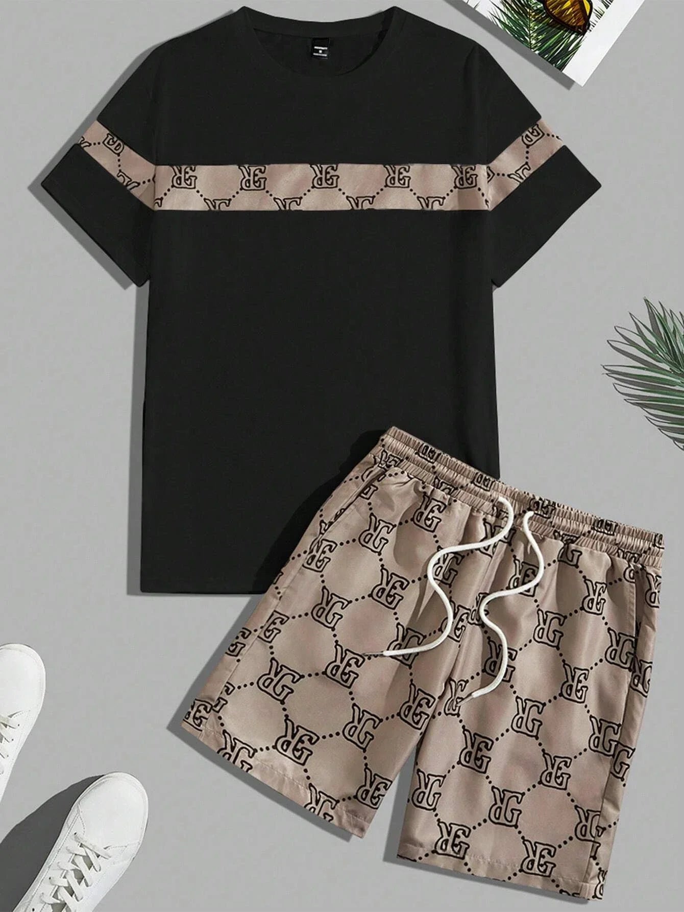 Men's Suit Retro Fashion Letters Printed Round Neck T-shirt Shorts Suit Comfortable And Breathable Men's Two-piece Suit