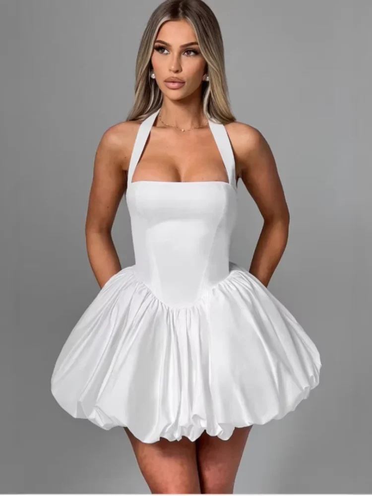 Women’s Pink Corset Puffball-Hem Mini Dress