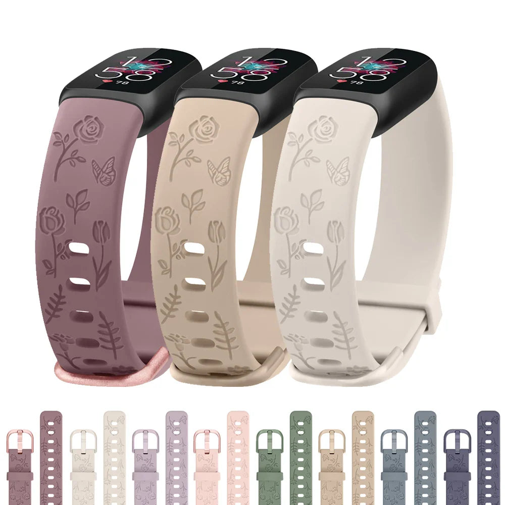 Bracelet Fitbit Luxe en TPU gravé de fleurs - Doux et confortable