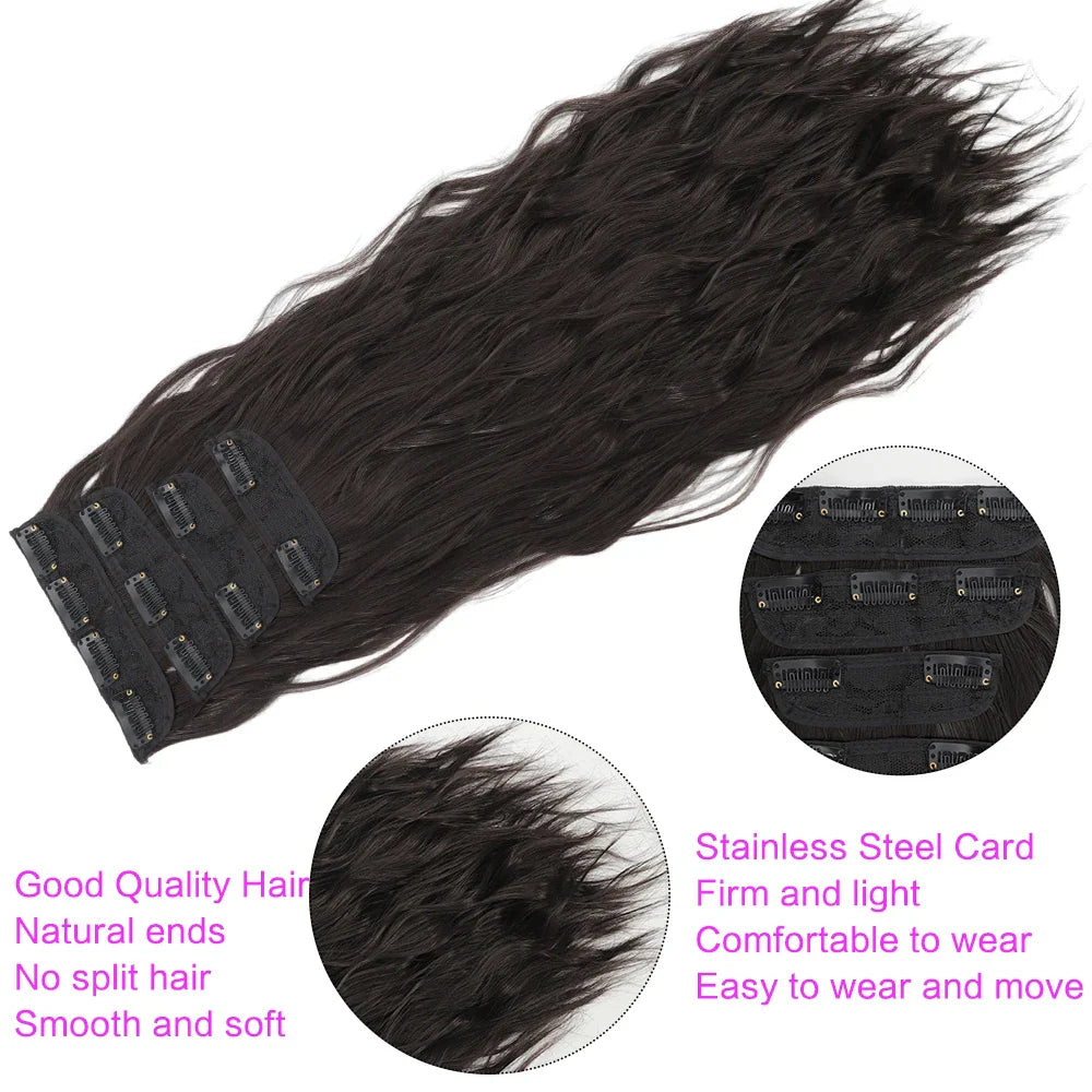 Voluminous Brown-Blonde Clip-In Extensions: 60.96 cm Wavy & Curly Synthetic Hair Set