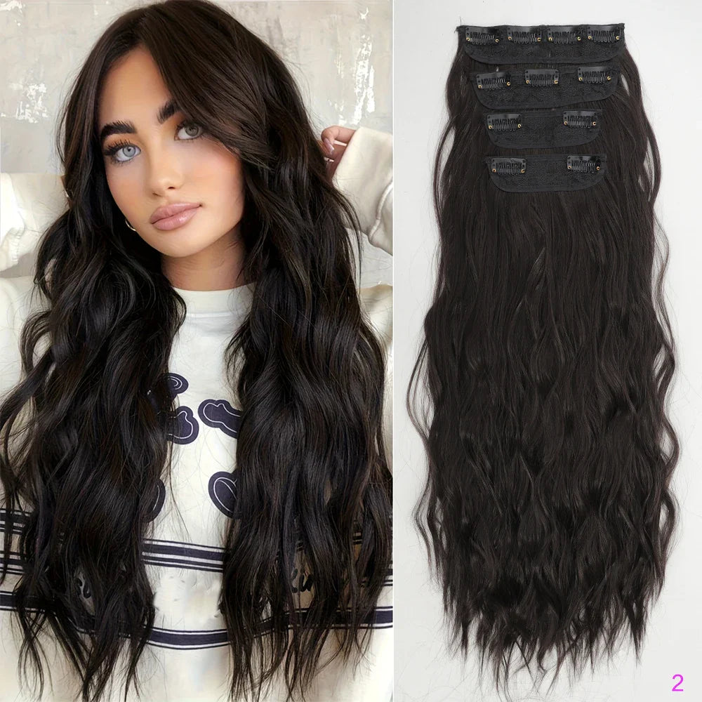 Voluminous Brown-Blonde Clip-In Extensions: 60.96 cm Wavy & Curly Synthetic Hair Set