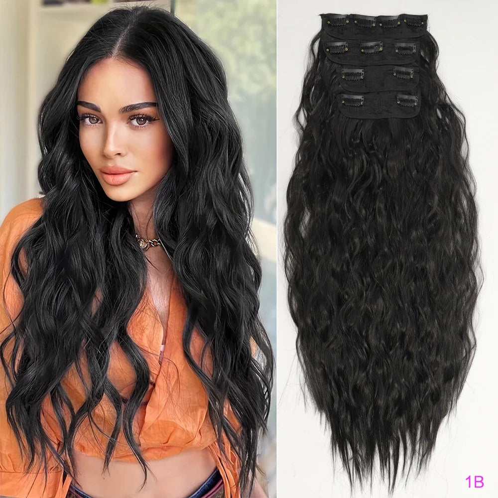 Voluminous Brown-Blonde Clip-In Extensions: 60.96 cm Wavy & Curly Synthetic Hair Set