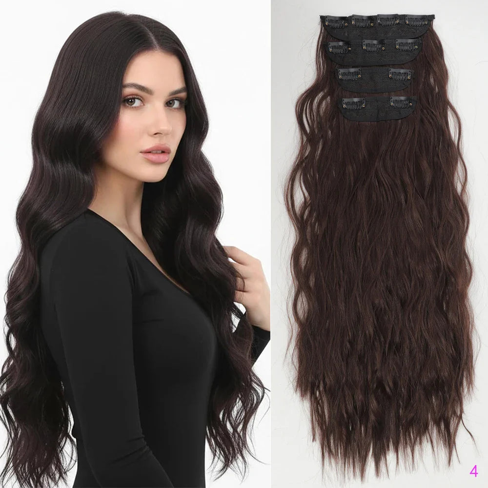 Voluminous Brown-Blonde Clip-In Extensions: 60.96 cm Wavy & Curly Synthetic Hair Set