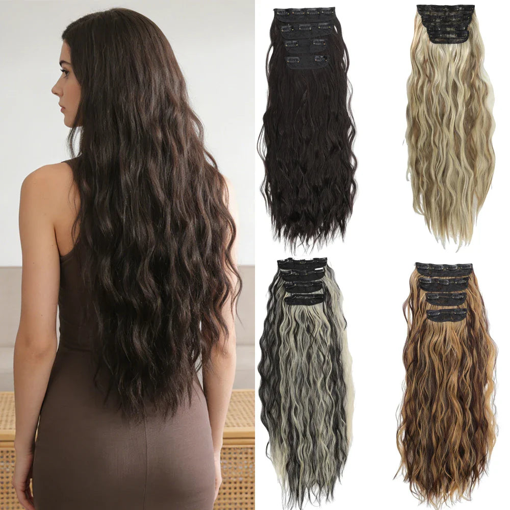 Voluminous Brown-Blonde Clip-In Extensions: 60.96 cm Wavy & Curly Synthetic Hair Set