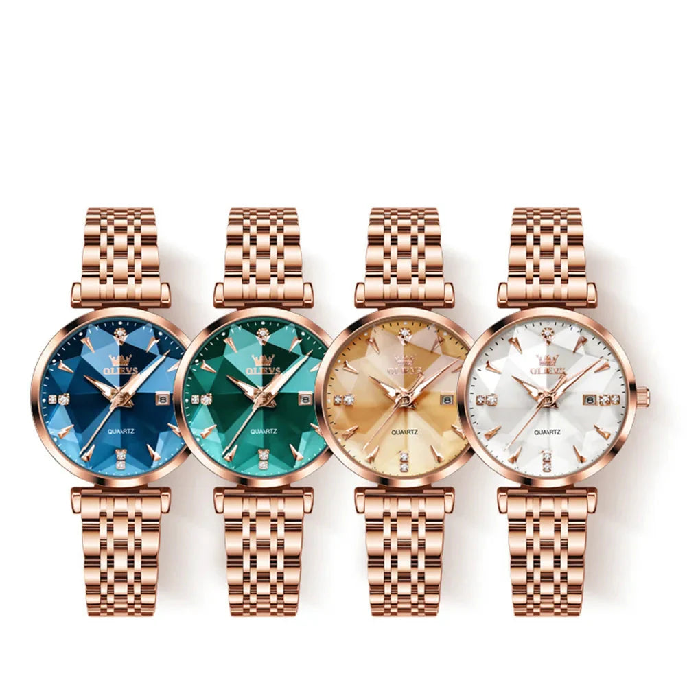 Damen-Edelstahl-Uhr Roségold Blaues Zifferblatt Zirkon