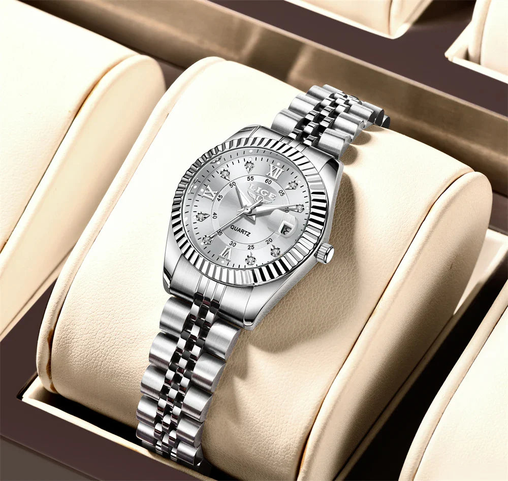 Damen-Edelstahl-Zweifarb-Datumsanzeige-Uhr Elegant Quarz