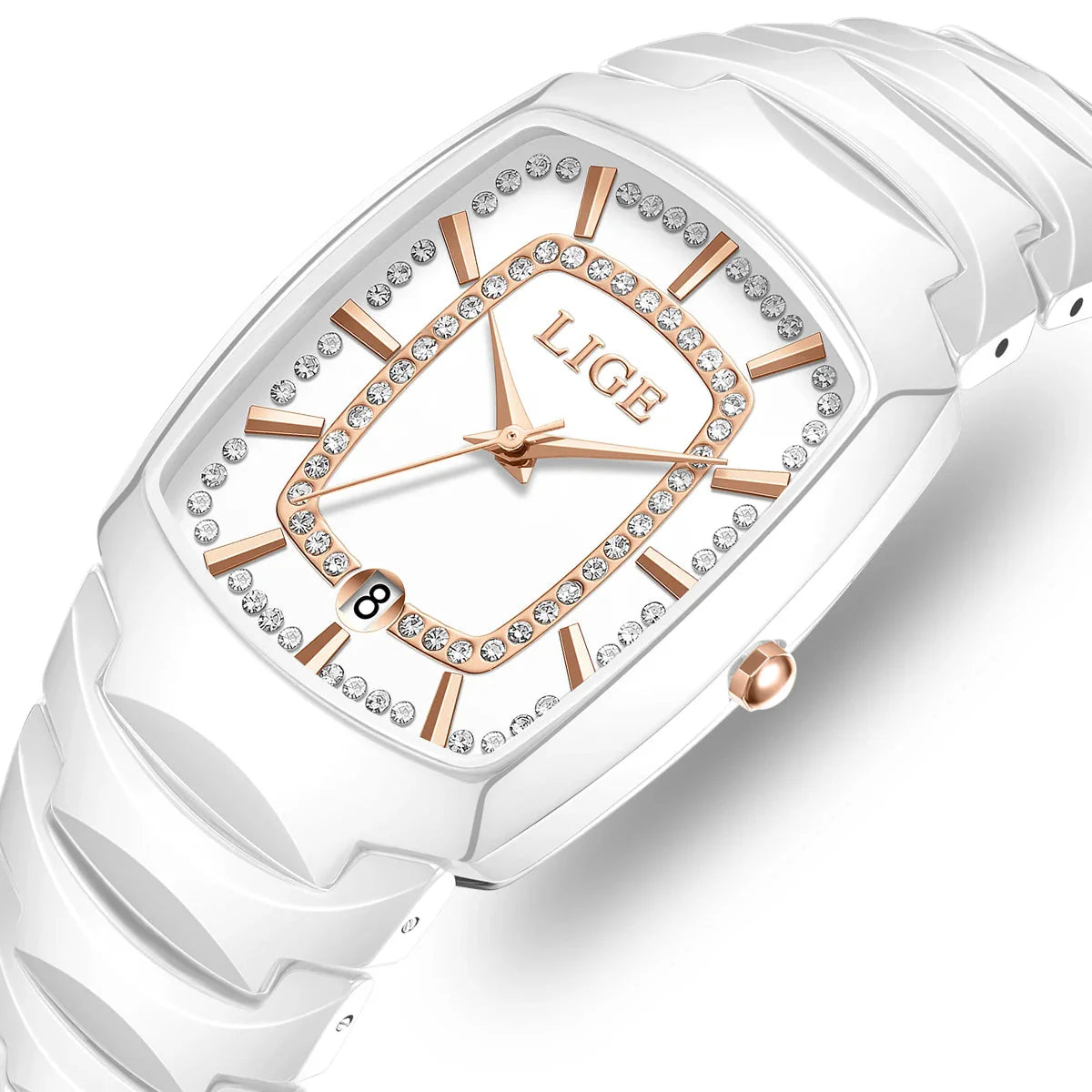 Montre-bracelet à quartz en céramique blanche et cristal pour femme, idée cadeau