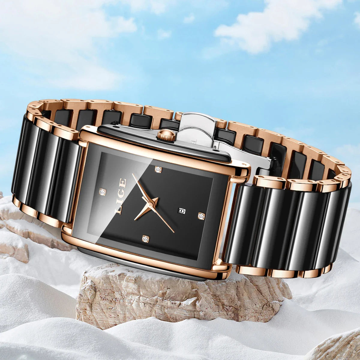 Damen Keramik-Uhr mit quadratischem Zifferblatt, roségoldfarben, Quarz