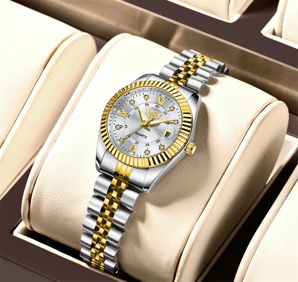 Damen-Edelstahl-Zweifarb-Datumsanzeige-Uhr Elegant Quarz