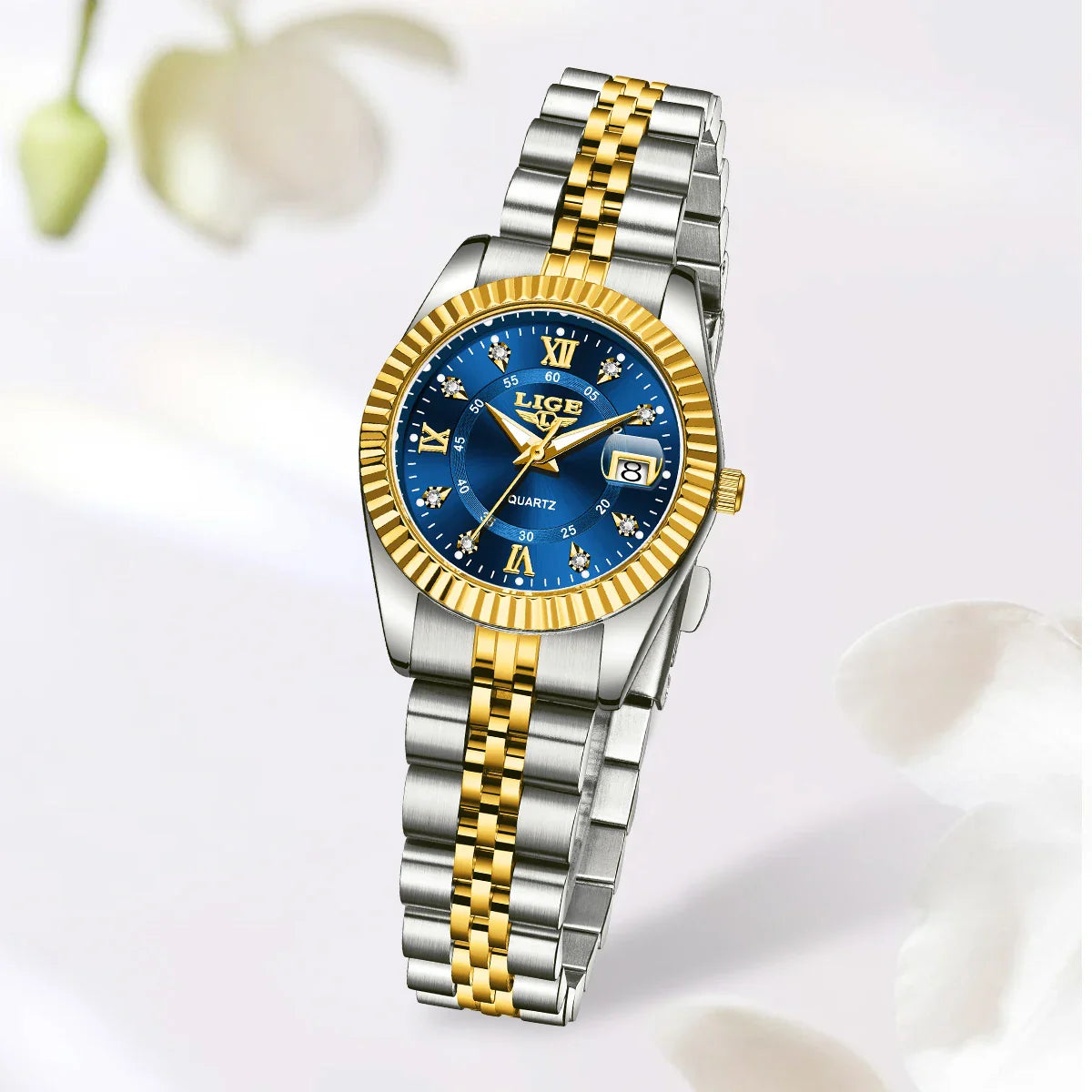 Damen-Edelstahl-Zweifarb-Datumsanzeige-Uhr Elegant Quarz