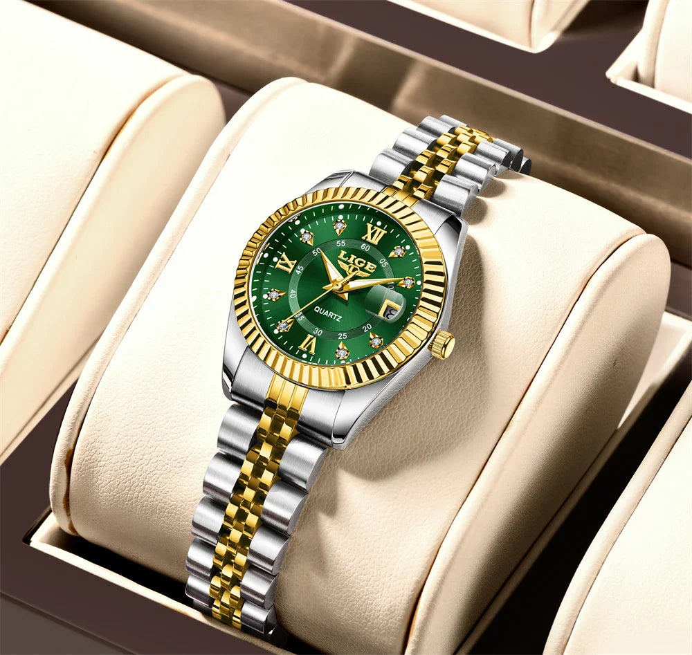 Damen-Edelstahl-Zweifarb-Datumsanzeige-Uhr Elegant Quarz