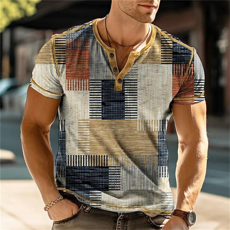 Summer 3D Printed T Shirt, Men’s Retro Patchwork, Cool Breathable, Short Sleeve, Trendy Casual, Oversized Top