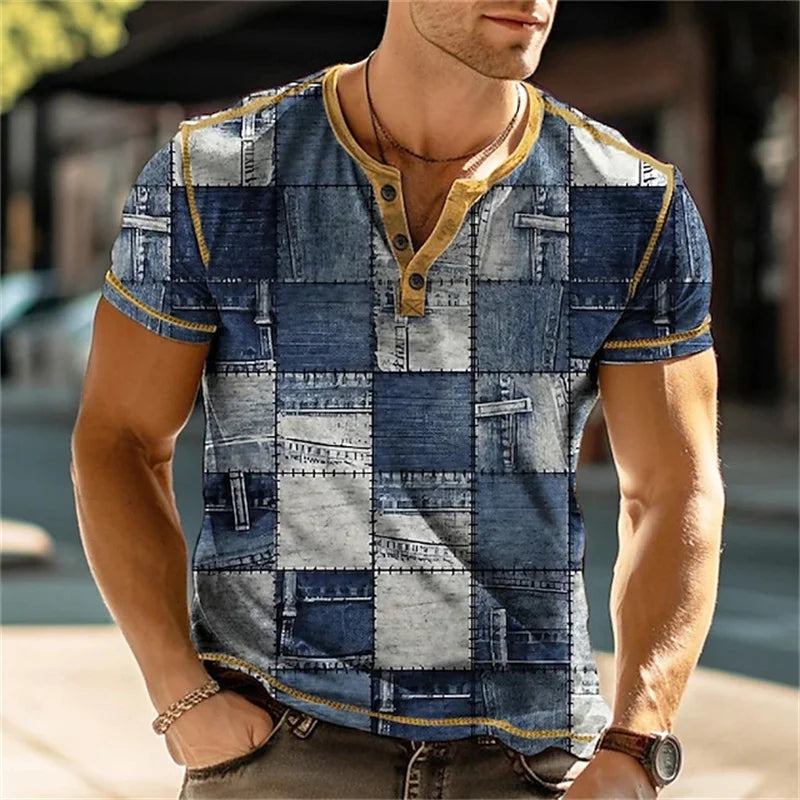 Summer 3D Printed T Shirt, Men’s Retro Patchwork, Cool Breathable, Short Sleeve, Trendy Casual, Oversized Top