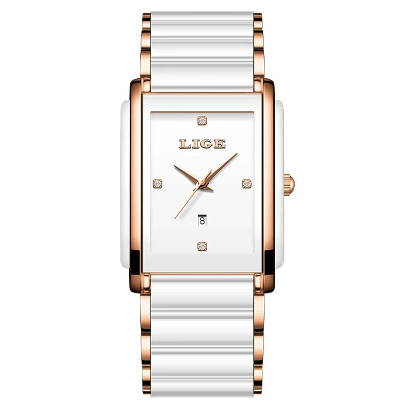 Damen Keramik-Uhr mit quadratischem Zifferblatt, roségoldfarben, Quarz