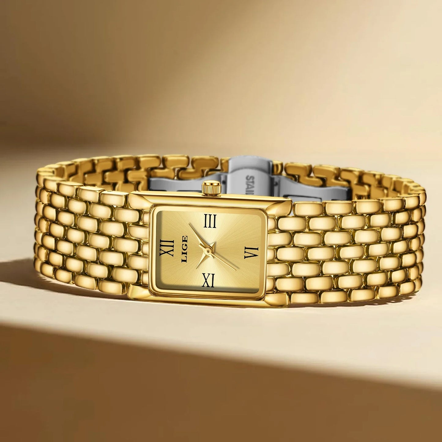 Women's Gold Rectangular Watch Stainless Steel Bracelet