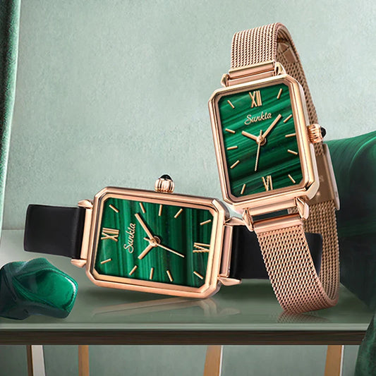 Montre femme à quartz avec cadran rectangulaire vert et bracelet en maille