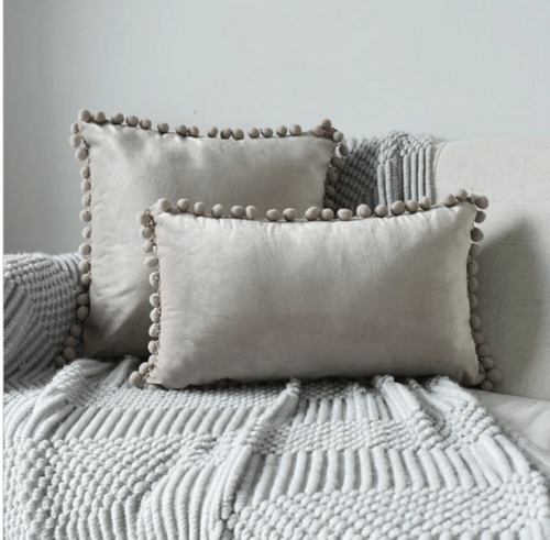 Plush Pom Pom Decorative Pillows 18x18 Velour Poly Cotton Soft Hypoallergenic Insert Option