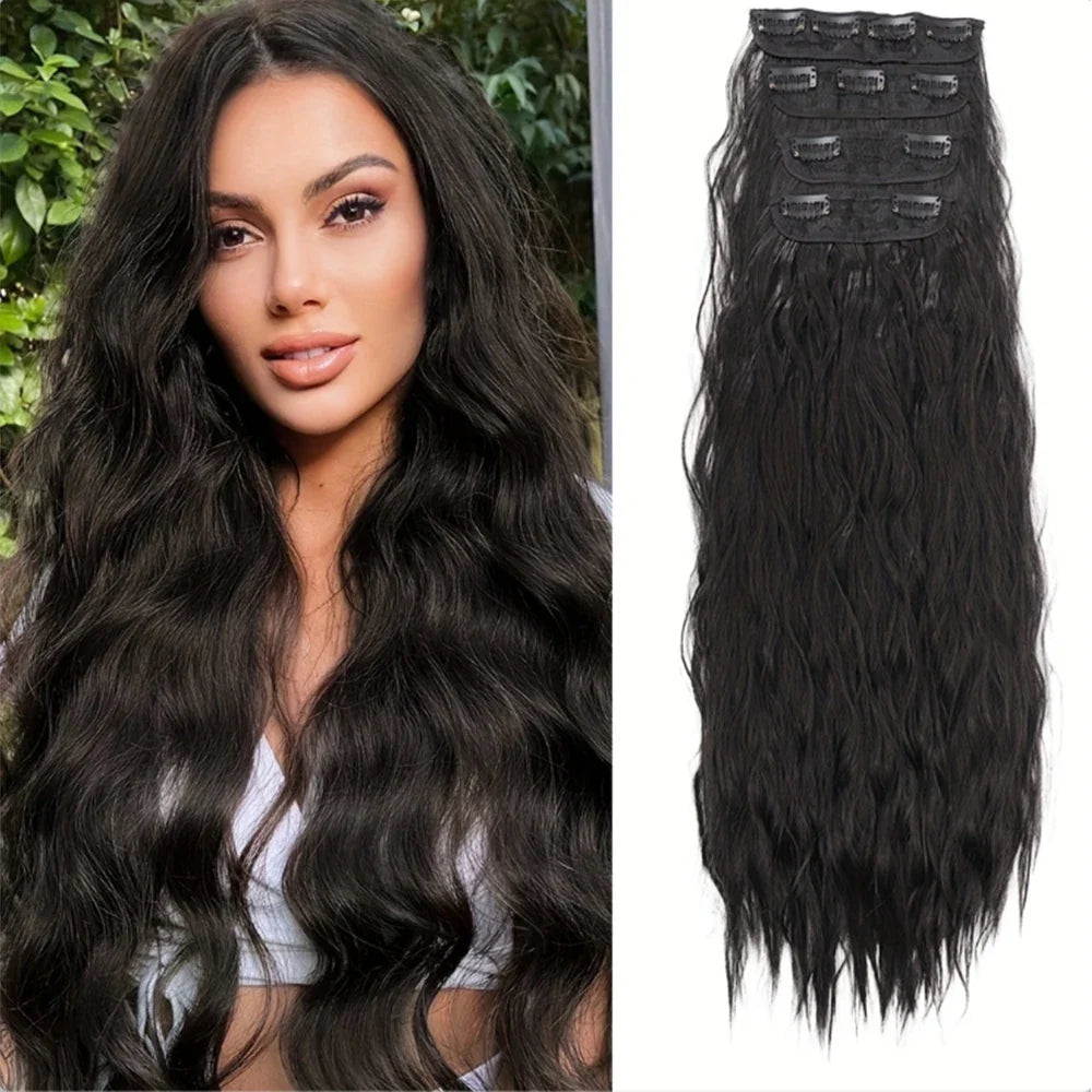 Voluminous Brown-Blonde Clip-In Extensions: 60.96 cm Wavy & Curly Synthetic Hair Set