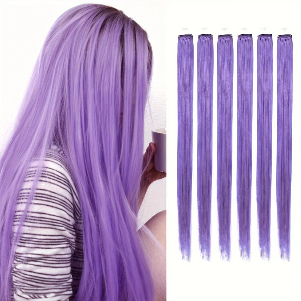 Clip in Hair Extensions 6pcs/pack Colored Party Highlights 22 inches Multi-colors Straight Hair Synthetic Hairpieces Purple Pink