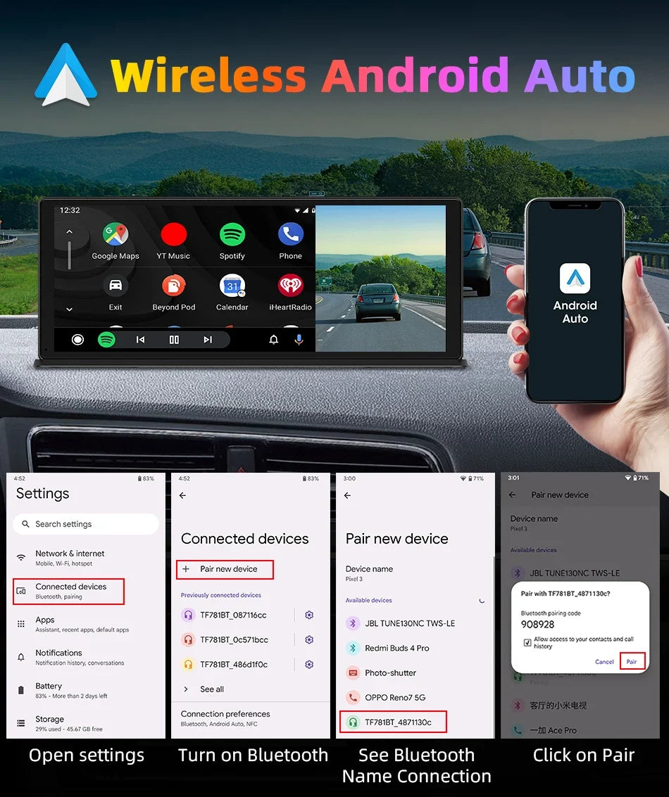 Portable Wireless CarPlay & Android Auto Screen – Size & DVR Options
