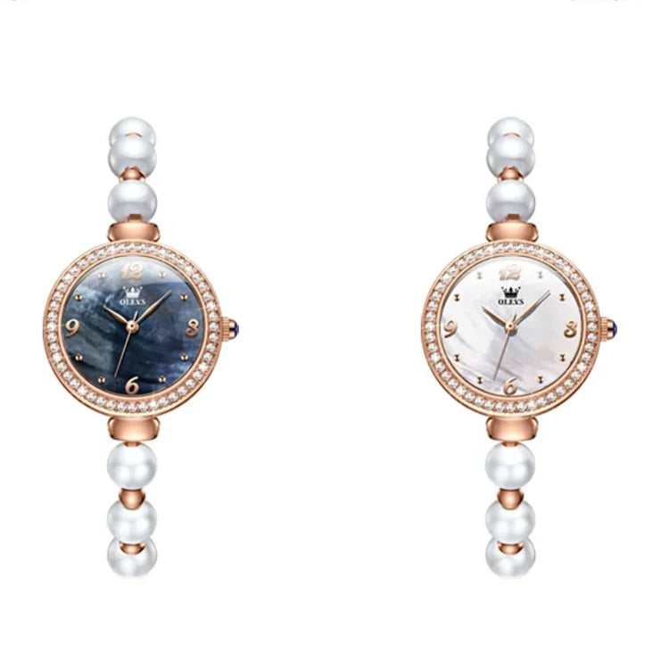Montre Bracelet Femme Perles, Lunette Cristal Rose Doré