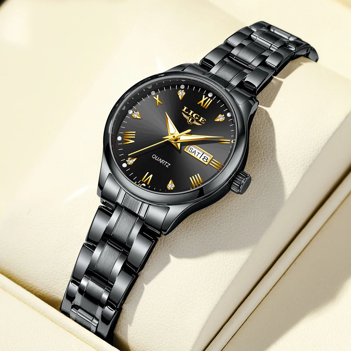 Montre à quartz pour femme en acier inoxydable noir avec cadran orné de diamants