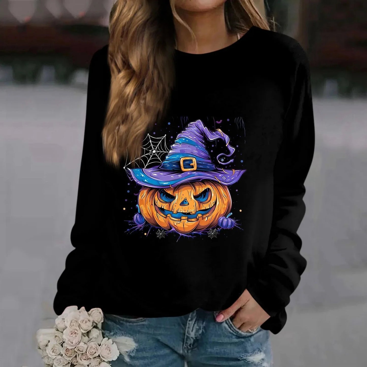 🎃 Vintage Pumpkin Print Long Sleeve T-Shirt – Harajuku Halloween Graphic Tee